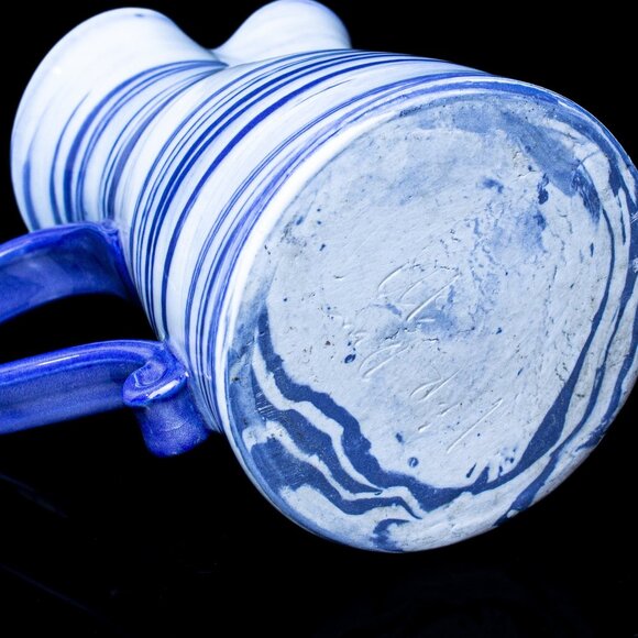 Handcrafted Blue & White Ceramic Pitcher With Swirl Design - Unique Wavy Rim - Picture 6 of 8